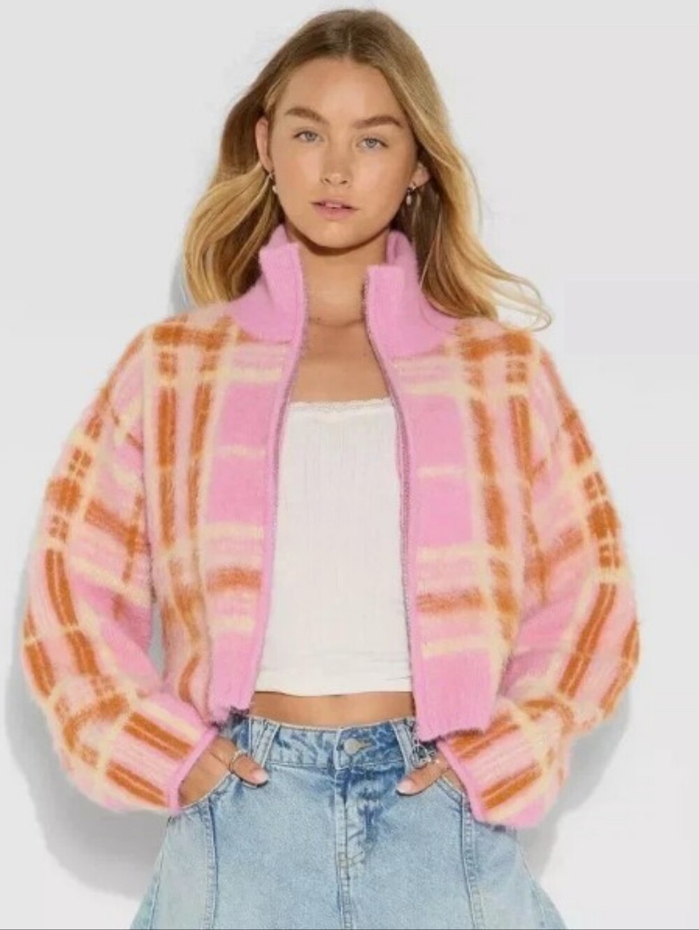 Wild Fable fuzzy knit pink orange plaid mock neck full-zip sweater Size XS NWOT